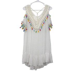 Ten Design White Crochet Tassel Coverup Dress SZ S Colorful Fringe Semi Sheer